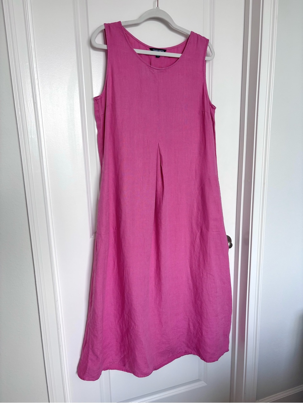 100% Linen TravelSmith Pink Sleeveless Midi Dress Pockets Medium Resort Coastal